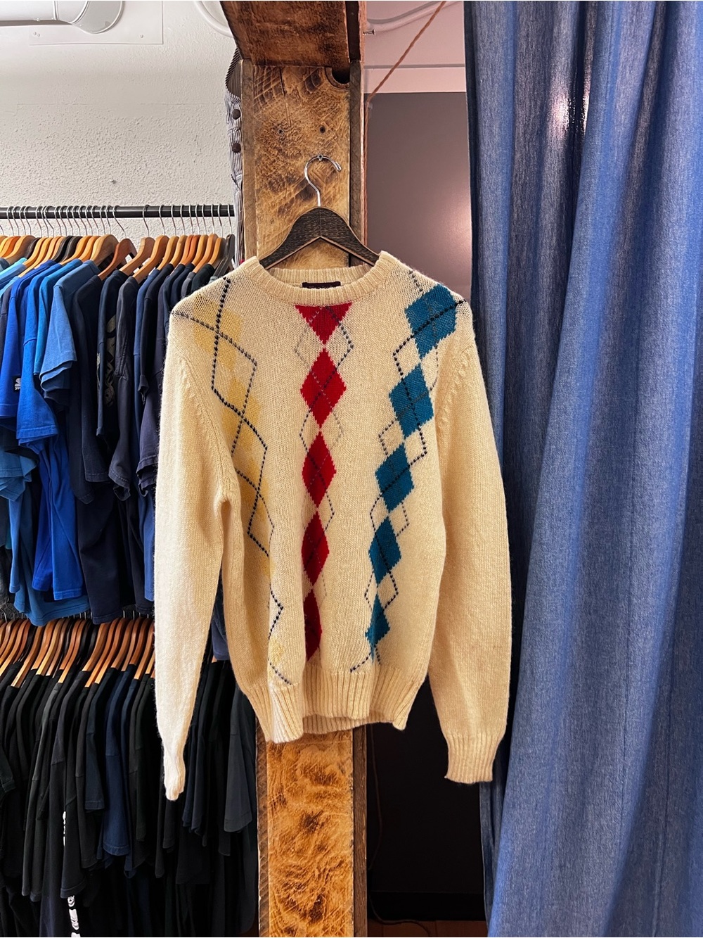 Vintage Cream Knit Sweater with Red and Teal Accents